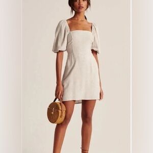 Abercrombie Linen blend Square-Neck Puff Sleeve Mini Dress in Cream